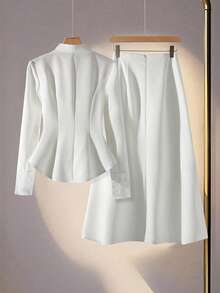 Franclia Bộ 2 món thanh lịch áo khoác dài tay ren tương phản và chân váy midi đuôi cá cho nữ - trắng - Xem 2