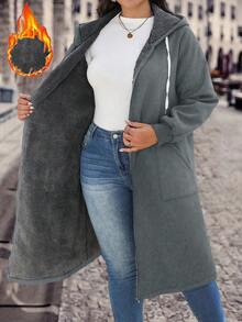 SHEIN LUNE 加大码拉链抽绳连帽夹克，保暖内衬，适合秋冬季 - 灰色 - 查看 1