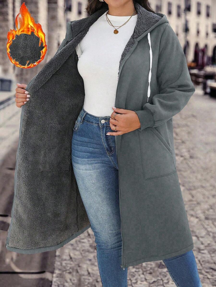 SHEIN LUNE 加大码拉链抽绳连帽夹克，保暖内衬，适合秋冬季 - 灰色 - 查看 1