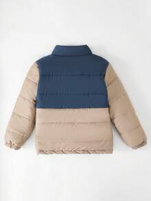 SHEIN 青少年男童牛仔棉衣，男童冬季新款棕色拼布开衫拉链立领外套男童厚棉衣，时尚冬季外套，儿童户外街头服饰，适合上学、聚会 - 卡其色 - 查看 2