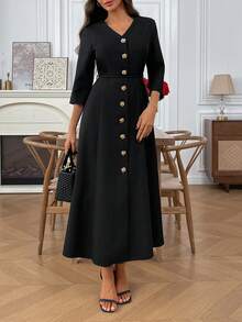 EMERY ROSE Vestido maxi elegante de mujer con cuello en V, manga raglán y botones frontales en unicolor - Negro - Ver 6