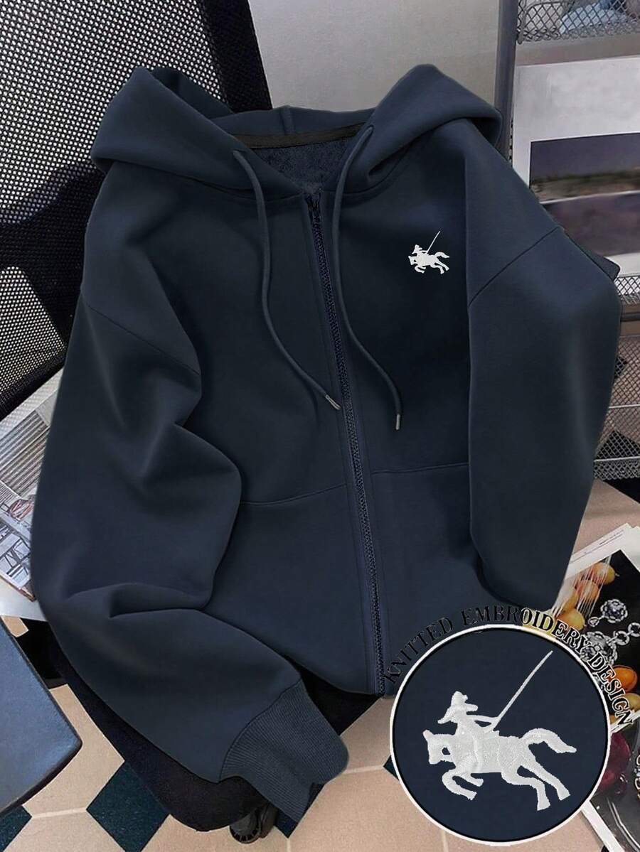 SHEIN 女士连帽拉链卫衣，半人马印花图案，休闲外套，适合教师、返校、毕业、日常穿着、冬季外套，时尚百搭，女士连帽长袖卫衣 - 藏蓝色 - 查看 1