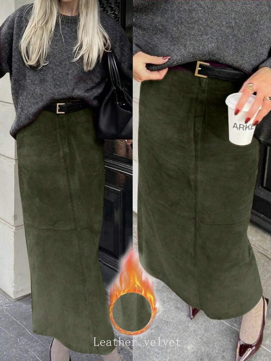 Elyressa Váy liền thân ôm sát cơ thể dành cho nữ, phối da giả và nhung, kiểu dáng thanh lịch Pháp. - xanh quân đội - Xem 1