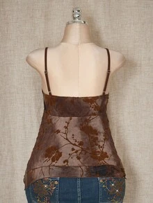 SHEIN ICON 女士加大码性感度假复古波西米亚风植物系列田园风棕色网纱花朵植绒拼接蕾丝V领串珠不对称下摆吊带背心 - 彩色 - 查看 3