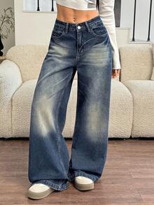 SHEIN EZwear Quần jeans ống đứng thêu họa tiết cổ điển lấy cảm hứng từ châu Á dành cho nữ - Rửa tối - Xem 2