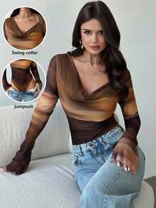 Firerie Women's New Elegant Minimalist Daily Casual Commute Versatile Brown Tie Dye Print Asymmetric Collar Long Sleeve Fitted Bodysuit, Autumn Fashion, Going Out Tops For Women, Airport Outfit For Women - Multicolor - View 1