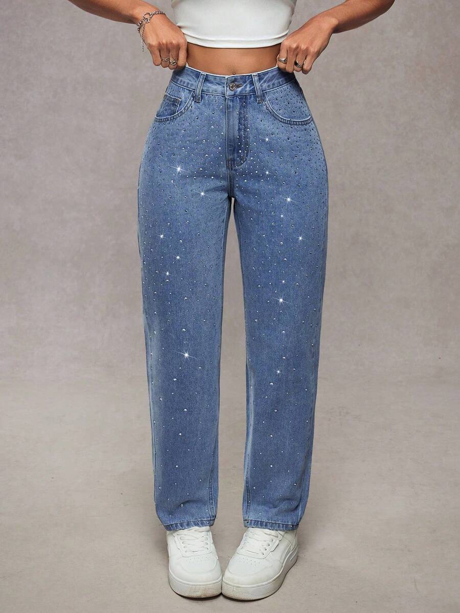 SHEIN Tall 女式高腰水钻装饰水洗牛仔锥形裤 - 深色水洗藍 - 查看 1