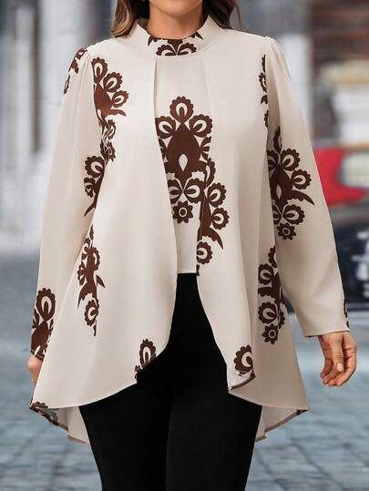 Plus Size Women Floral Print Long Sleeve Asymmetric Hem Elegant Blouse