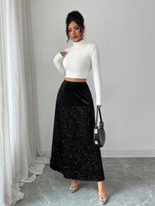 Rafferiza Women's New Fashionable Sequin Shiny High-End Solid Color Elastic Waist Skirt, Ideal For Parties And Dates, Luxurious And Elegant - Black - View 1