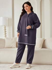 Veilorie 2 Pieces Set Plus Size Solid Color Hooded Sweatshirt And Pants 2 Pieces Set - Purple - View 3