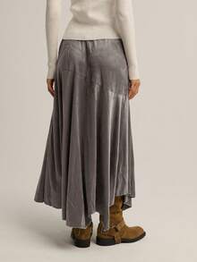 Nöista Grey Solid Midi Skirt,Soft Suede Texture Autumn Casual Hiking Gentle Flared Silhouette,Subtle Diagonal Seam Sophisticated Winter Evening Skirt - Grey - View 2