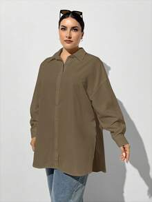 SHEIN Essnce Khaki Plus Size Women's Autumn Long-Sleeved Button-Down Shirt,Smart Casual Everyday Loose Oversize Tops,Old Money Style Work Blouses,High Side Slit - Coffee Brown - View 3