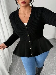 Elenzga Cardigan com Botões, Gola V, Ajustado, Estampa Floral em Retalhos e Barra Assimétrica, Plus Size, Outono/Inverno para Mulheres