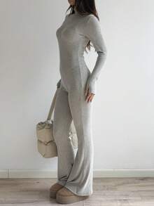 SHEIN Unity Women's Grey Ribbed Turtleneck Bodycon Flare Jumpsuit. - Grey - View 5