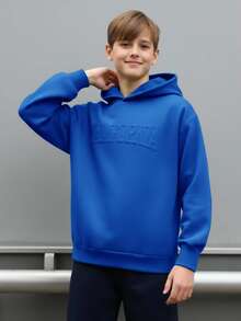 SHEIN Teen Boys' Casual Hooded Sweatshirt, Embossed English Text, Long Sleeve, Autumn, Winter, Sports, Baby Blue, Y2k, Graduation, Back-To-School, Versatile Sweatshirts - Royal Blue - View 7