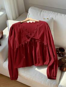 Comfortcana 女士纯色蕾丝拼接V领系带长袖衬衫，红色女式上衣 - 酒紅色 - 查看 3