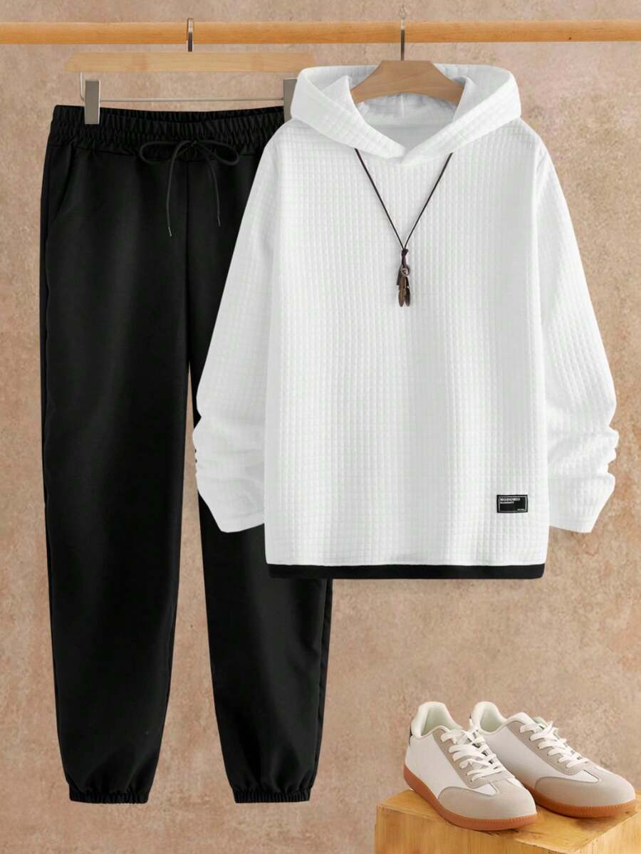 Manfinity VCAY Men's Contrast Color Long Sleeve Casual Waffle Knit Hoodie Set - White - View 1