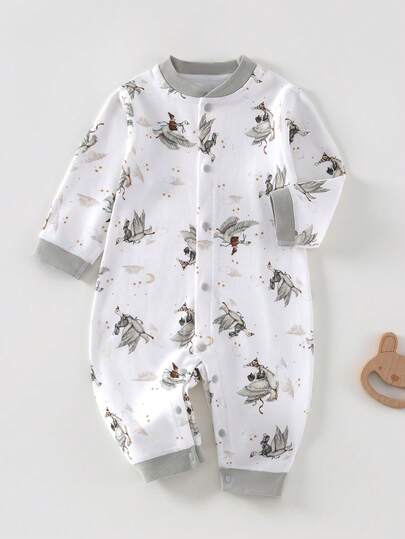 Baby Boy Fairy Tale Goose 100% Cotton Long Sleeve Single-Breasted Casual Jumpsuit 100% Cotton, Comfortable And Soft
