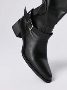 ROMWE Goth Women's Thigh High Boots 2025 New Fashion Autumn Winter Pointed Toe Thick Heel PU Leather Black Dual-Wear Buckle Strap Riding Boots For Christmas - Black - View 3