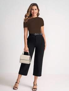 Ellevyn Áo thun dệt kim co giãn tay ngắn hở vai bất đối xứng màu trơn thanh lịch dành cho nữ, mùa xuân/hè - Nhiều màu - Xem 8