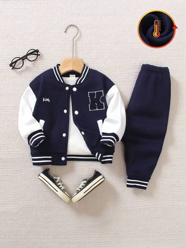 SHEIN 2pcs/Set Baby Boys Academy Baseball Jacket & Pants Set, Navy Blue Knit Textured Thermal Lined Open Front Baseball Collar Raglan Sleeve Jacket With King Print & Embroidered K, Paired With White Knit Striped Elastic Waist Casual Pants, Suitable For Holidays, Christmas, Essential Academy Baseball Outfit Baby Boy Track Suit Baby Boy Jacket Set Baby Boy Clothes Letterman Baby Boy Letterman Jacket Set