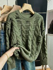 Franclia Novo Suéter Vintage Folgado e Aconchegante de Tricô Trançado Verde Escuro para Mulheres, Outono/Inverno