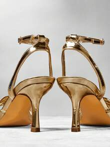 SHUZIA 魅力女士镜面金色方头踝带一脚蹬春夏高跟凉鞋节日派对舞会 - 金色 - 查看 6