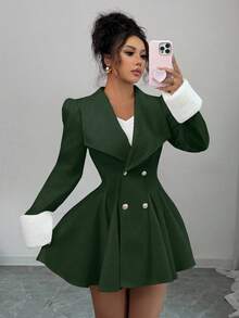Elenzga Áo khoác len dày dặn dáng chữ A, cổ bẻ, ve bo, eo, chất liệu lông chồn dành cho nữ, thanh lịch, dễ mặc hàng ngày - Màu xanh lá cây đậm - Xem 6