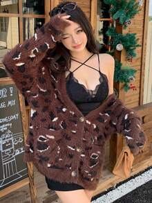 DAZY Women's V-Neck Cardigan, Fuzzy Fashion Animal Print Leopard Pattern All-Over Print, Color Blocking, Suitable For Autumn & Winter - Chocolate Brown - View 8