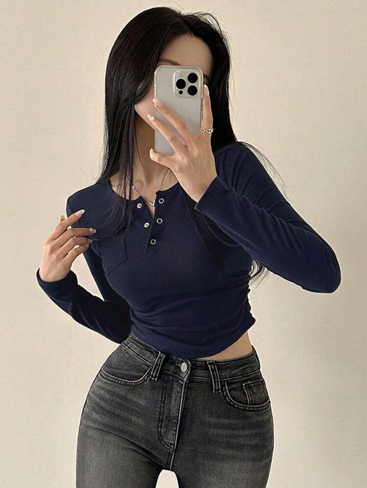 Solid Color Buttoned Half Placket Slim Fit Long Sleeve T-Shirt,Fall Clothes,Back To School Clothes