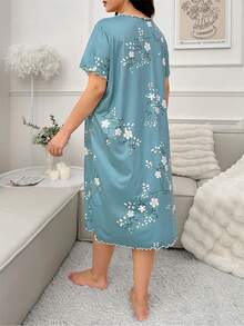 Plus Size Flower Printed Short Sleeve Sleep Dress Pajama Dress, Moo Moo