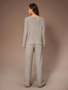 Lazeform Women's Grey V-Neck Ruffle Trim English Embroidered Soft Brushed Ribbed Knit Long Sleeve Top And Pants, Sweet Casual Outerwear & Homewear 2 Pieces Pajama Set, Winter Clothes - Grey - View 5