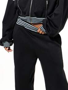 SUMWON WOMEN Oversized schwarze Jogginghose mit kontrastierendem weißen Streifendetail, Gummibund, lässigJogginghosets - Schwarz - Übersicht 6