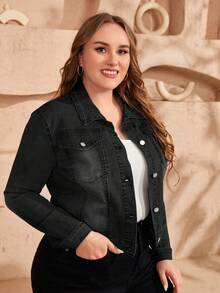 EMERY ROSE Spring Plus Size Solid Color Front Button Pocket Casual Long Sleeve Denim Jacket - Black - View 7