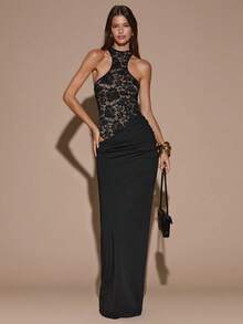 SHEIN BAE 1 件女式无袖不对称蕾丝紧身连衣裤，优雅的黑色长裙，适合圣诞节、万圣节、派对、正式场合、伴娘礼服、生日礼服，黄色缎面长裙，适合圣诞节、鸡尾酒会、商务休闲 - 黑色 - 查看 3