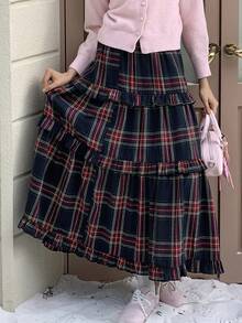 DAZY 少女休闲格子印花多层荷叶边下摆迷你裙