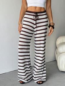 SHEIN Tall Striped Pattern Knotted Casual Versatile Wide Leg Knit Pants - Brown - View 5