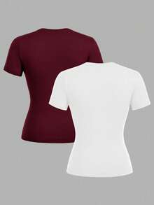 SHEIN EZwear Bộ 2 áo thun tay ngắn cổ tròn đơn giản, tối giản, thích hợp cho mùa xuân/hè - Nhiều màu - Xem 2