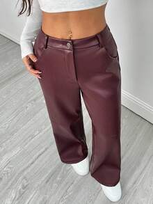 SHEIN PETITE 酒红色纯色 PU 皮革直筒裤，适合圣诞节、新年、情人节、秋冬、派对、约会之夜 - 酒紅色 - 查看 7