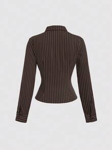 Sweetra Áo cánh tay dài họa tiết kẻ sọc cổ bẻ thời trang, màu sắc tương phản, ôm sát eo, tôn dáng cho nữ - màu nâu - Xem 7