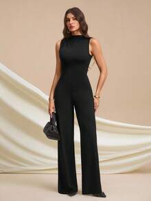 SHEIN Tall Bộ đồ liền thân không tay nhún bèo thanh lịch, màu đen trơn, gợi cảm và duyên dáng, thích hợp mặc hàng ngày, hẹn hò, đi chơi, tiệc tùng, trang phục đi chơi, bộ đồ liền thân ống rộng bất đối xứng, thích hợp mặc ngày lễ tình nhân, mặc hàng ngày, cỡ cao, dài hơn - màu đen - Xem 3
