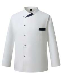 Manfinity Homme 男士撞色口袋前开襟长袖厨师衬衫厨师服男士白色领夹克男士厨师制服男士厨师衬衫白色厨师服 - 白色 - 查看 5