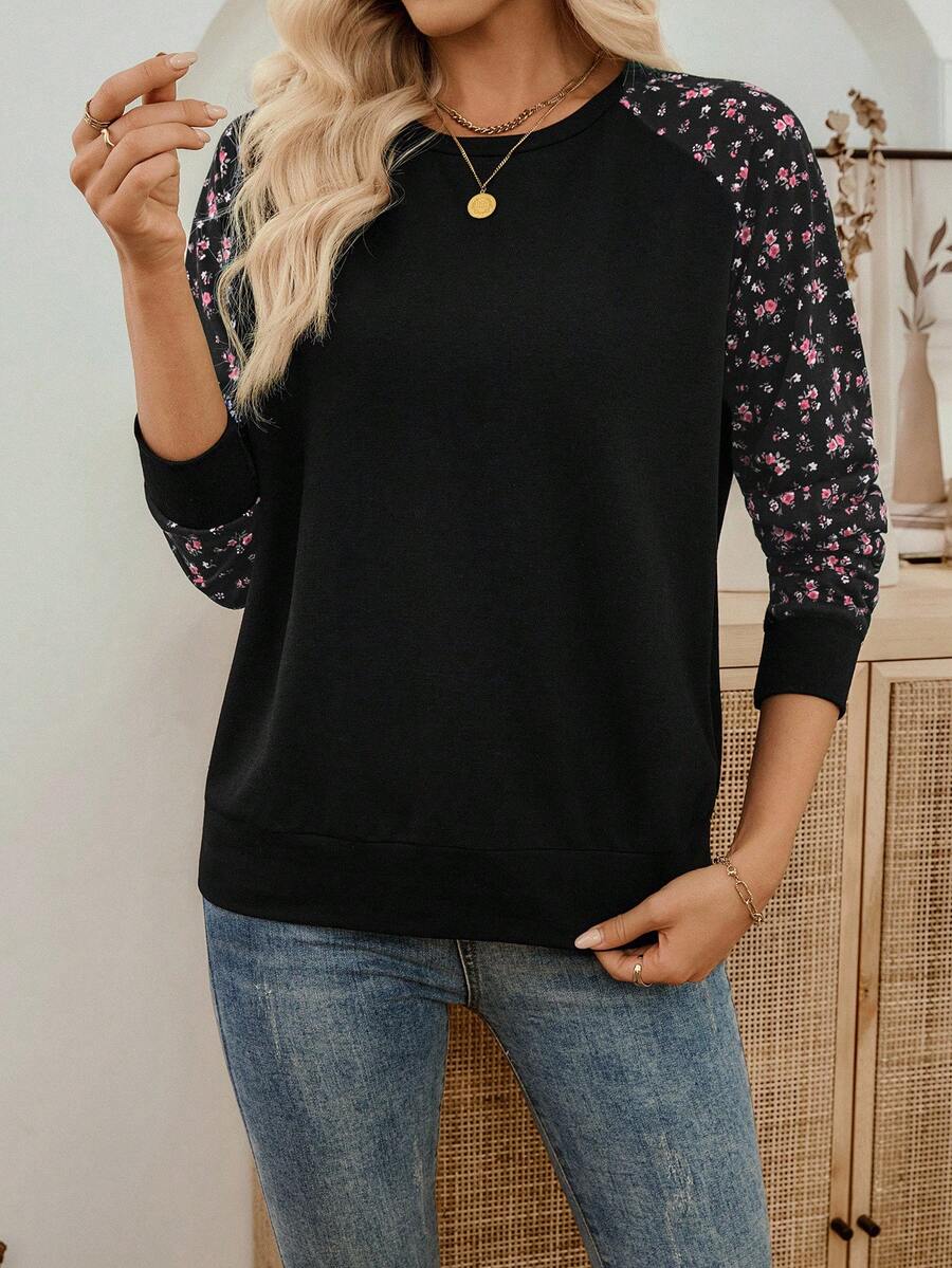 SHEIN LUNE 女式花卉印花纯色拼布休闲圆领长袖运动衫 - 黑色 - 查看 1