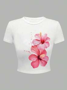 青少年女孩时尚短款贴身短款T恤，适合夏季穿着 - 白色 - 查看 4