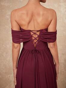 Lumalex Winter Fall Off Shoulder Sheer Flowy Tie-Waist Dress With Metallic Pleated  Luxury Prom Gathering Party Banquet Modest Old Money Coquette Glitter Holiday Party Rave Festival Outing Vacation Hot Outdoor Richly Layered Wedding Season Banquet ID Al-Adha Al-Adha Party New Year Looks Of Party Gala Night Party Dress For Autumn - Rose Red - View 8