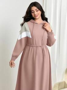 Modelyn 大码撞色连帽休闲收腰长袖连衣裙，百搭秋冬装 - 粉色 - 查看 7