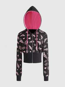 ROMWE J-Fashion 万圣节 Y2K Baddie 骷髅枪印花撞色修身女式运动衫 - 黑色 - 查看 5