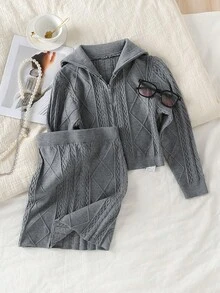 Genkimix Kids 2pcs/Set Girls Autumn/Winter Knitted Turtleneck Sweater Top & Skirt Outfit, Simple Elegant Style - Grey - View 1