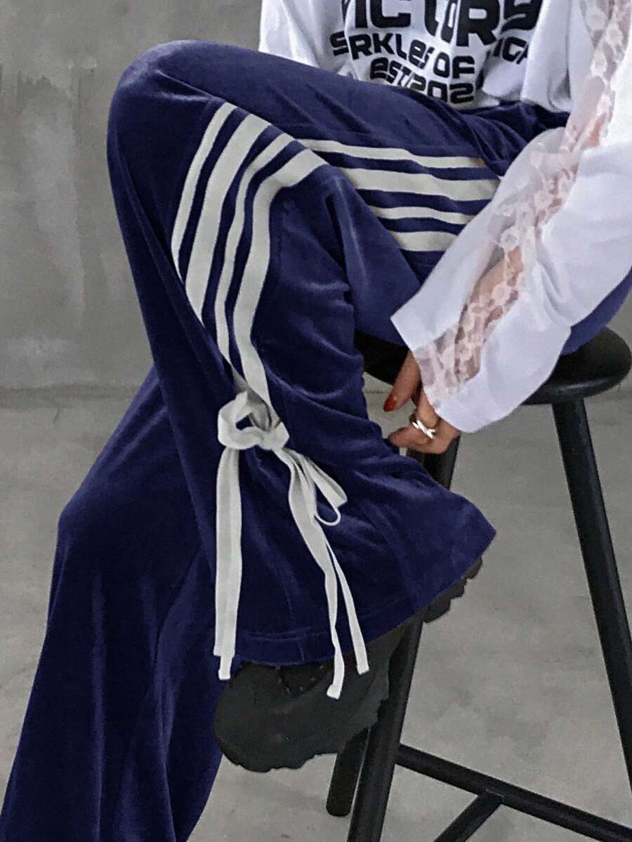 FRIFUL 女士时尚直筒宽松百搭条纹撞色抽绳裤 - 藏蓝色 - 查看 1