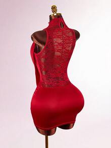 Amplova 高领荷叶边蕾丝纯色垂坠领无袖半透明紧身迷你裙 - 酒紅色 - 查看 7